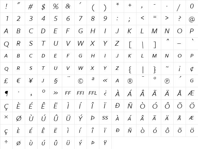 FreightSans BookItalicSC  glyph index