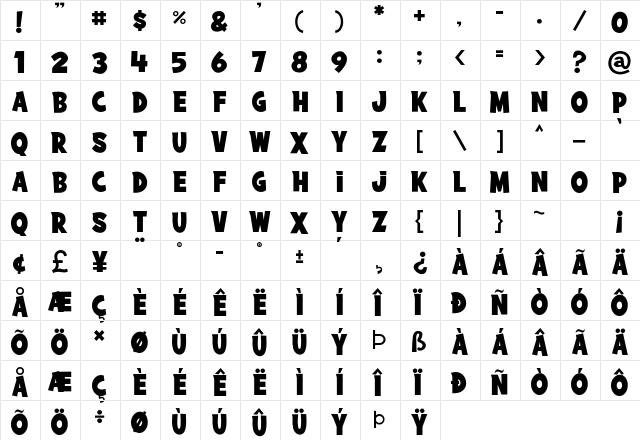 Summer Blaster Regular  glyph index