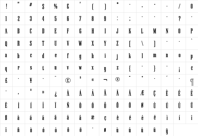 PallMallBold Roman  glyph index