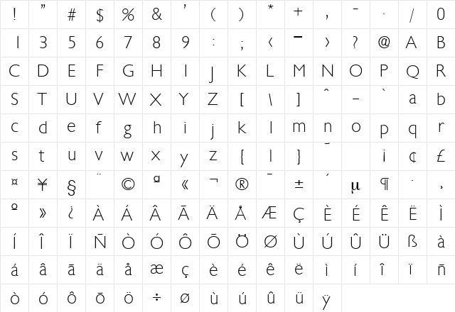 Chantilly-Serial-ExtraLight Regular  glyph index