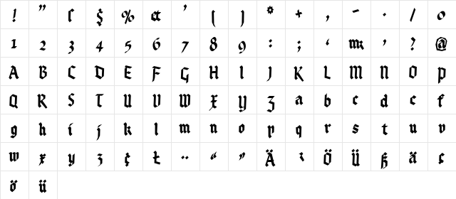 KleinsBrokenGotik Regular  glyph index