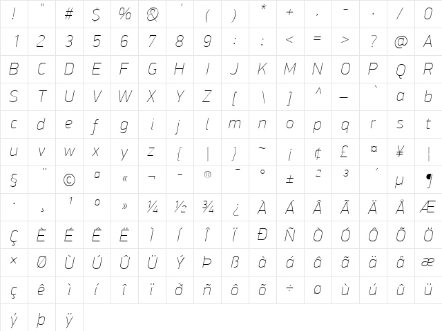 PF DinDisplay Pro ExtraThin Italic  glyph index