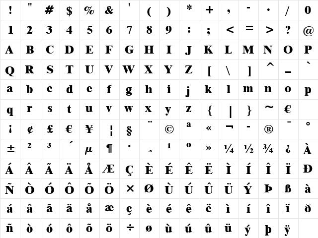 Dutch801 XBd BT Extra Bold  glyph index