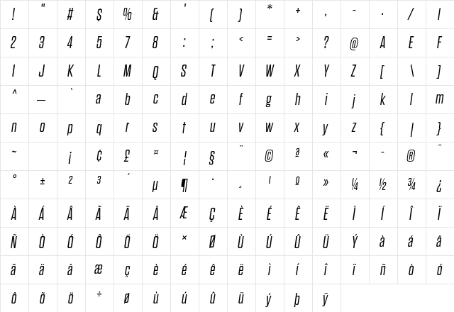 Dharma Gothic E Light Italic  glyph index
