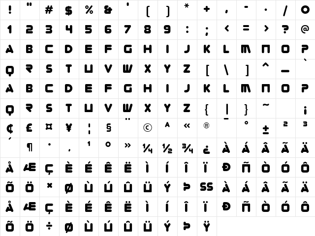 Zorque Regular  glyph index