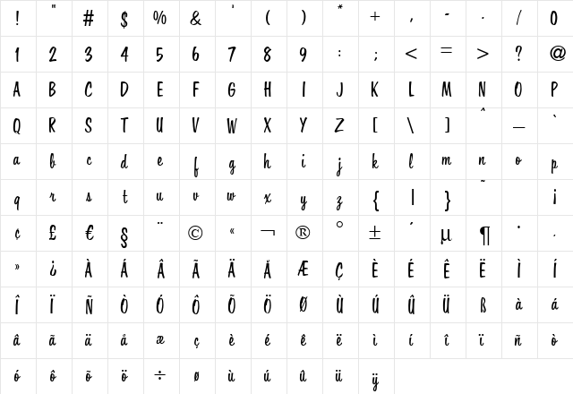 Hover Regular  glyph index