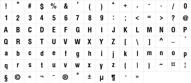 HeliosCond Bold  glyph index