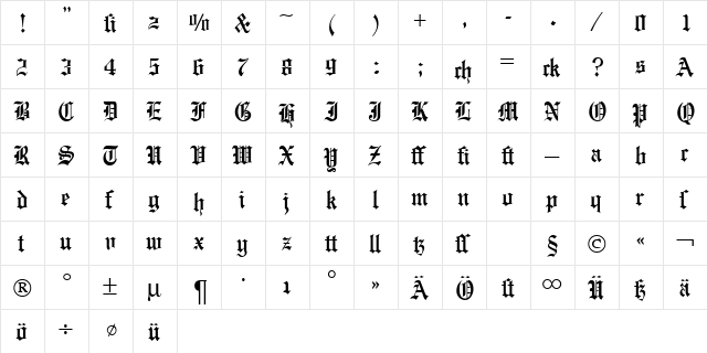 EnglishGravure DB Regular  glyph index