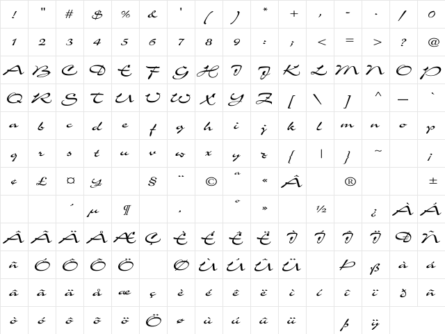 Charme Wd Regular  glyph index