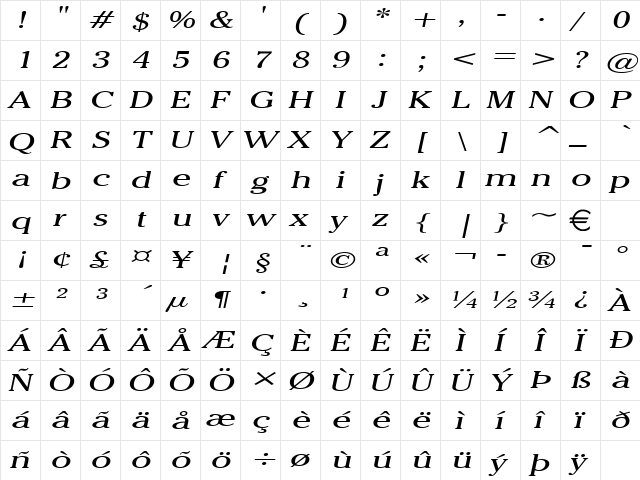 ChelseyExtended Italic  glyph index