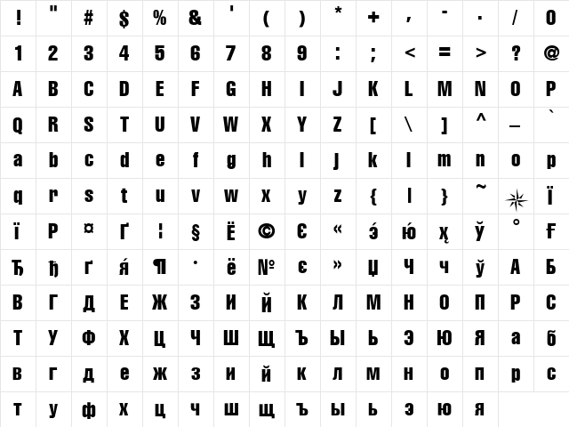 CyrillicCompressed Medium  glyph index