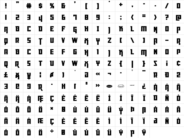 Danger Flight Regular  glyph index