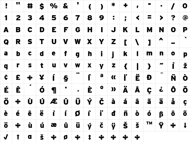 InterstateBlack Regular  glyph index
