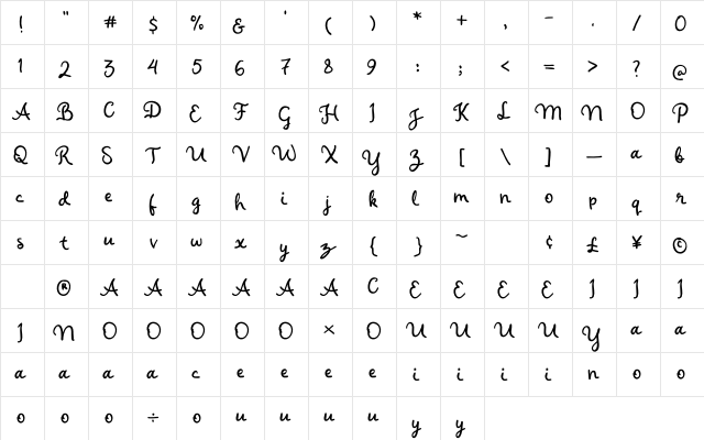 Quick123 Regular  glyph index