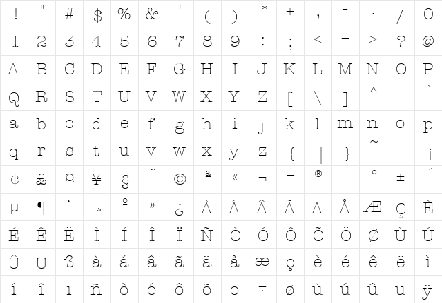 American Typewriter Light  glyph index