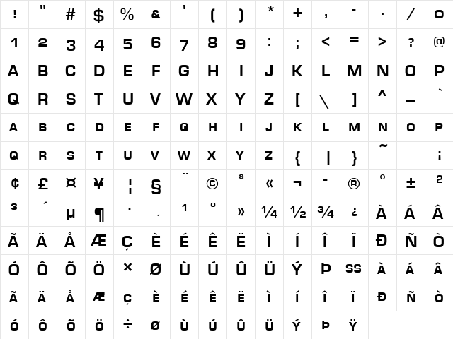 Eurostile Becker Caps Bold  glyph index