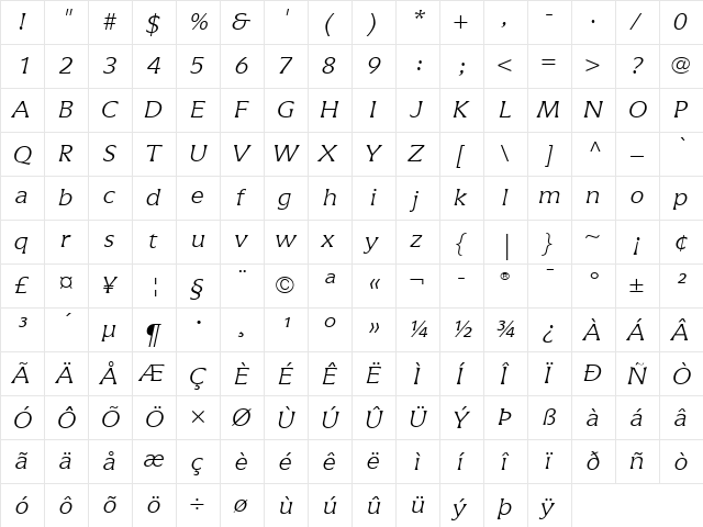 Icone LT Light Italic  glyph index