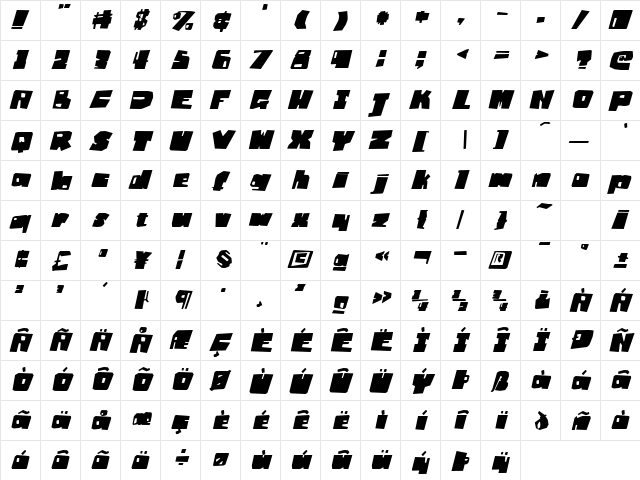 Badger Fatboy Italic Regular  glyph index