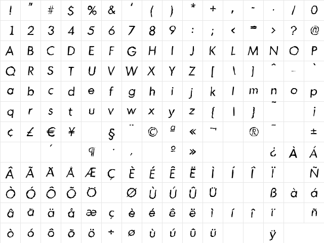 MontrealRandom Italic  glyph index