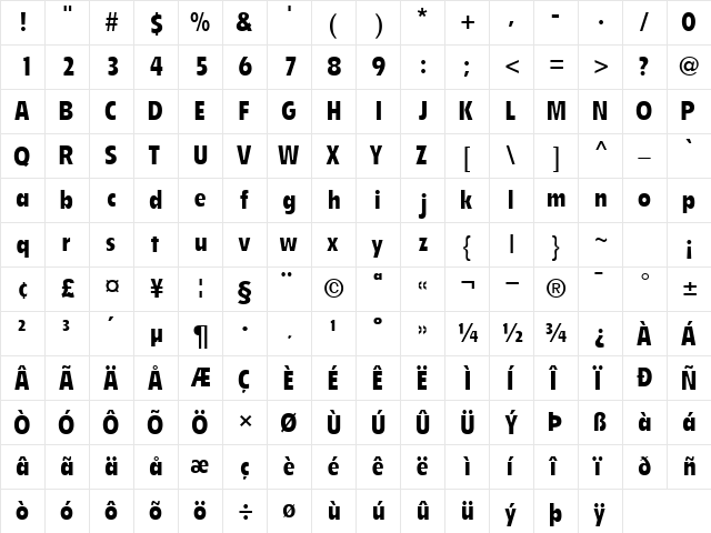 EmphasisCondSSK Bold  glyph index