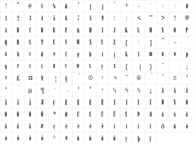 PT Uptight Normal  glyph index