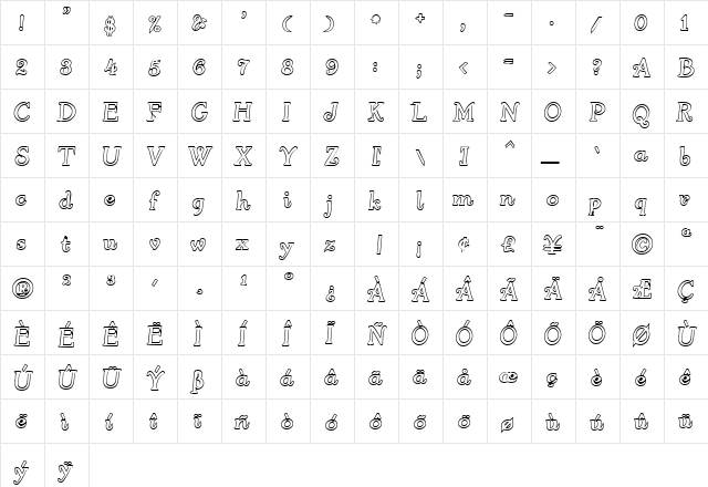 4ArmJoltScriptHollow Regular  glyph index