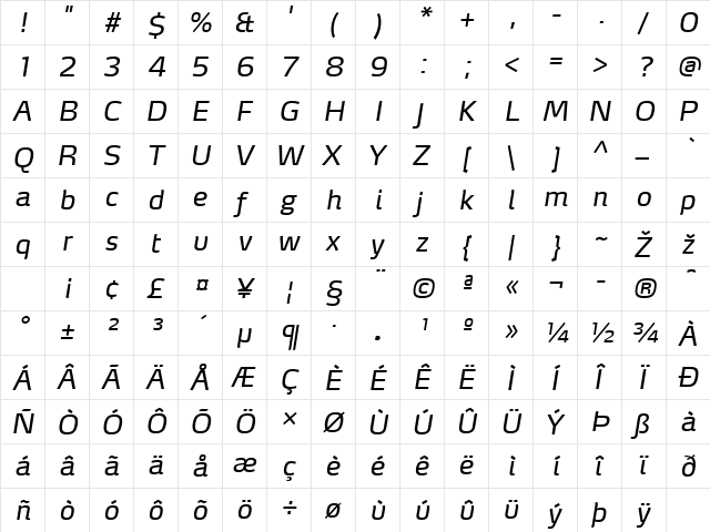 MaxDemiSerifLF-RegularItalic Regular  glyph index