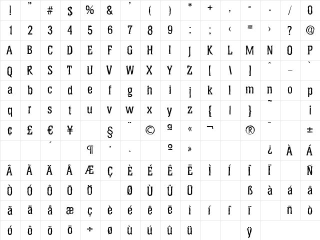 HeliumAntique-Medium Regular  glyph index