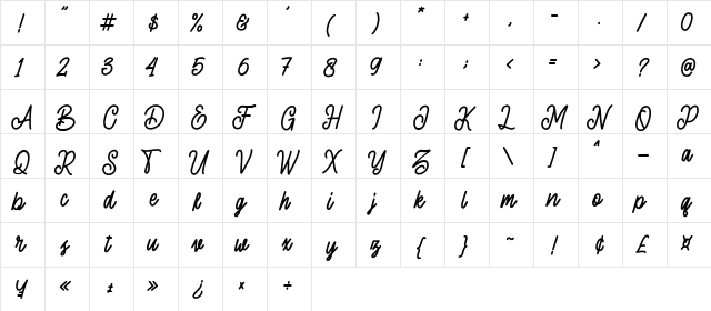 Sherly Shane Regular  glyph index