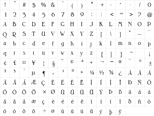 Musketeer Regular  glyph index