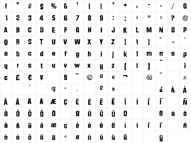 SeanBeckerRandom-ExtraBold Regular  glyph index