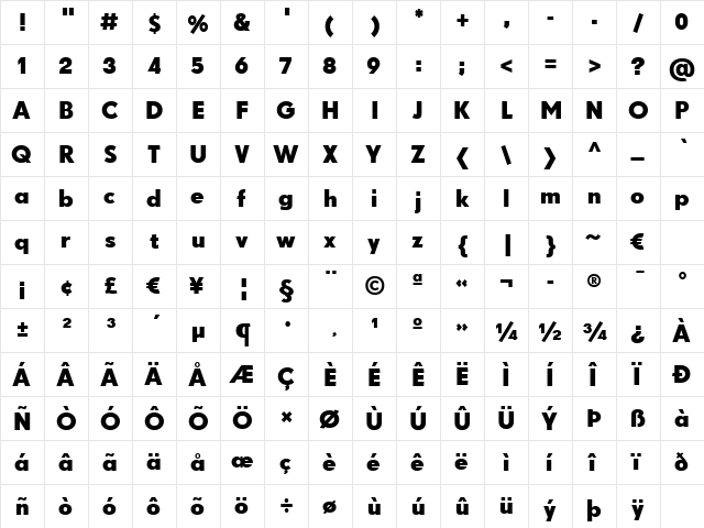 Drescher Grotesk BT Bold Regular  glyph index