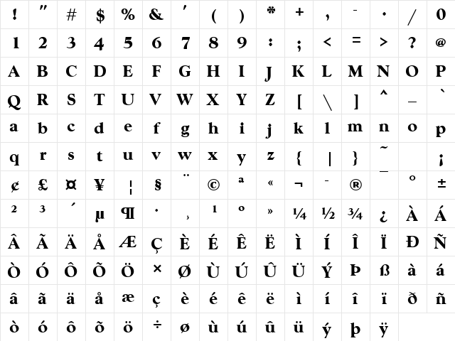 GoudyWtcT Bold  glyph index