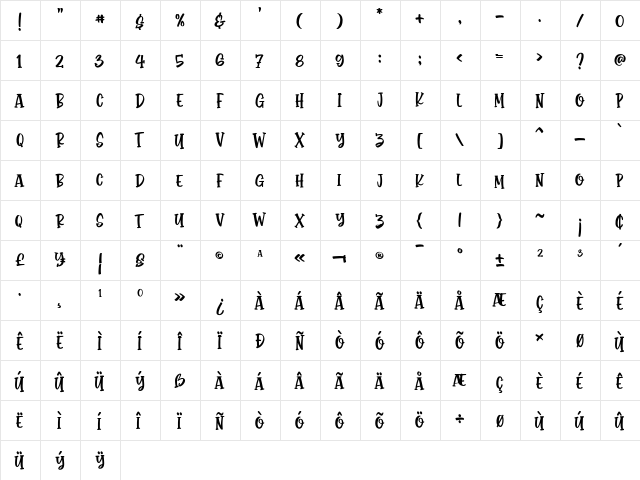 Monstora Regular  glyph index