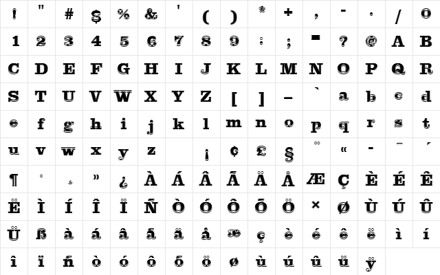 ClarendonTExtBolIn1 Regular  glyph index