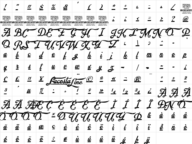 Lacosta Line PERSONAL USE ONLY Regular  glyph index