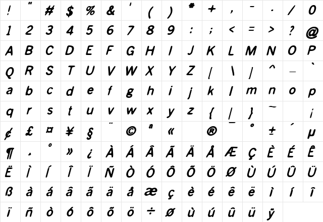 Blue Bond Oblique  glyph index