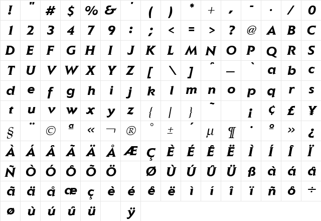 Elan Bold Italic  glyph index