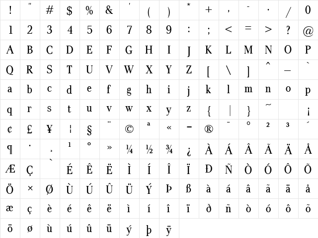 Pax Cond Regular  glyph index
