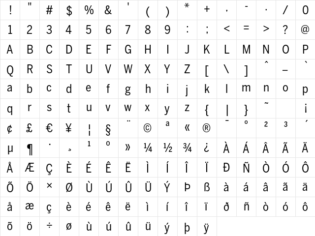 BentonSans Cond Regular Regular  glyph index