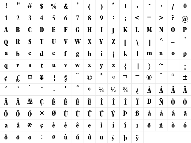 TerminusBlackCondSSK Regular  glyph index