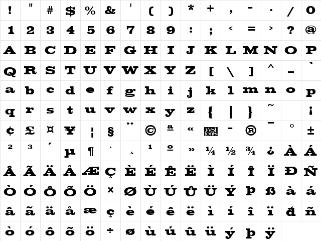 Chesterfield Regular  glyph index