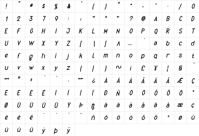 Quirkus Italic  glyph index