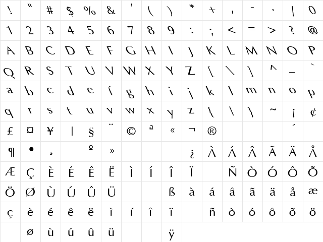 Optima To Lefty Regular  glyph index