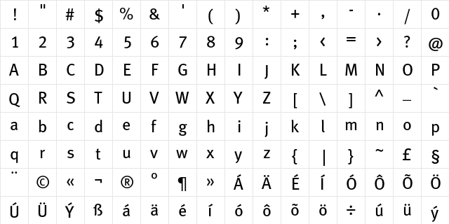 MetaBookCELF Roman  glyph index