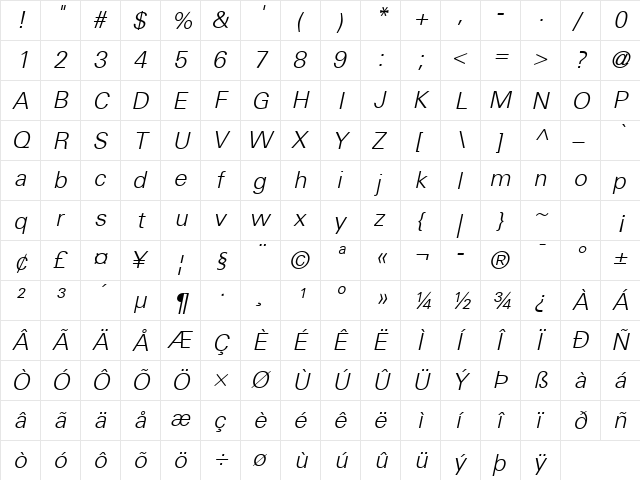Univers 45 Light Italic  glyph index