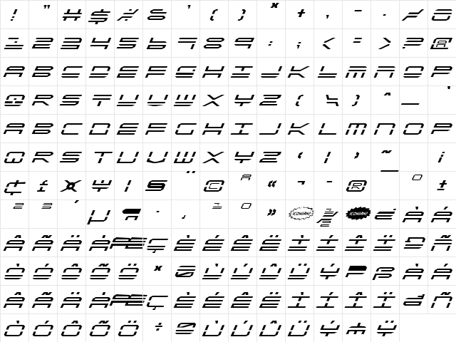QuickStrike Italic Italic  glyph index