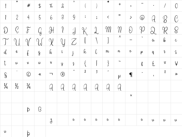 Sweety Amour Regular  glyph index