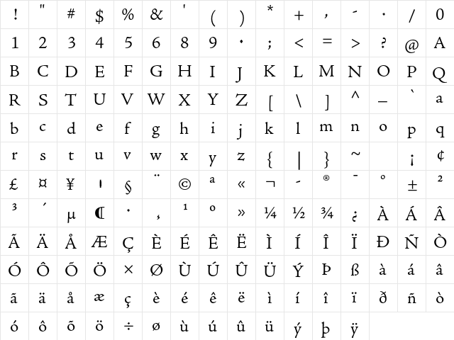 Adobe Jenson Pro Light Caption  glyph index