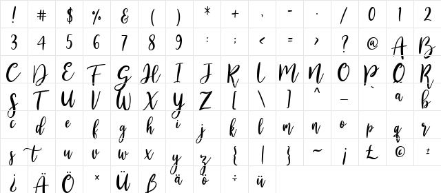 Alesandra Regular  glyph index